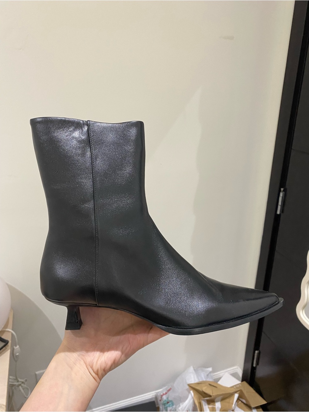 Massimo Dutti Black Leather Kitten Heel Pointed Ankle Boots